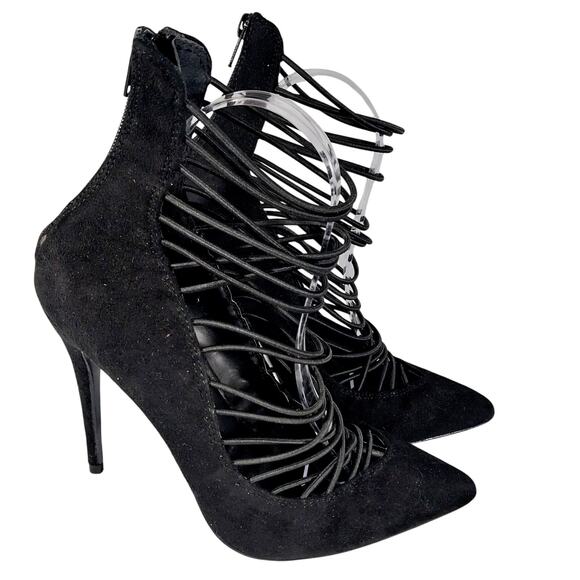 NWOT!JACOBIES! BLACK VEGAN SUEDE MICROFIBER LADDER STRAPPED ANKLE BOOTS! SZ 7.5M - Picture 1 of 9